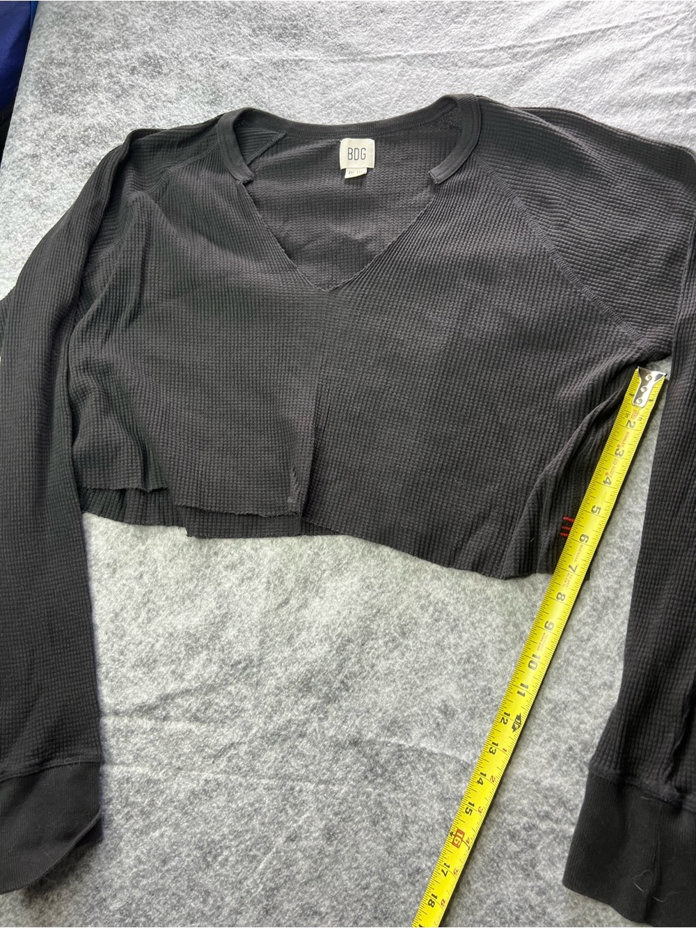 BDG Black Cropped Waffle V-Neck Long Sleeve Top